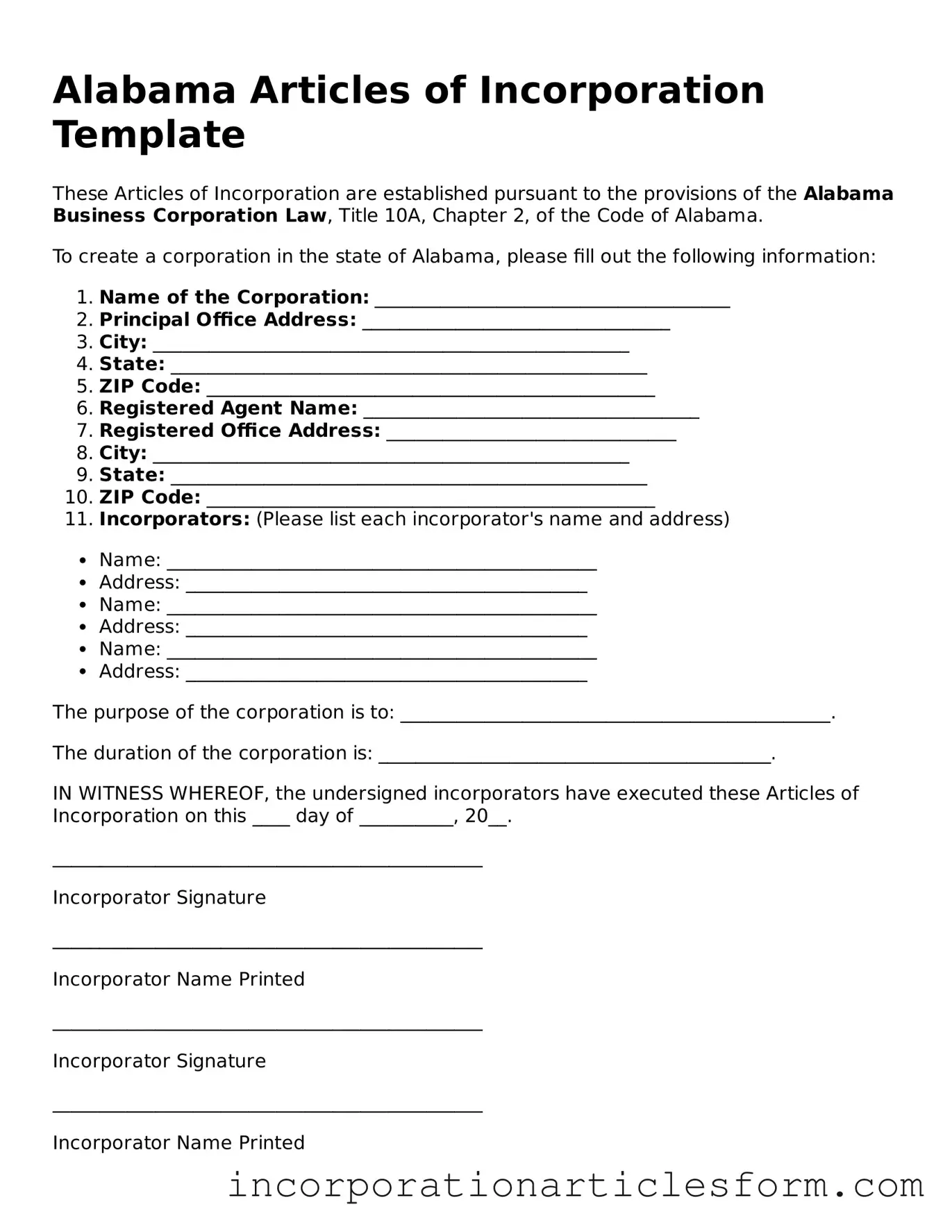 Attorney-Verified Articles of Incorporation Document for the State of Alabama
