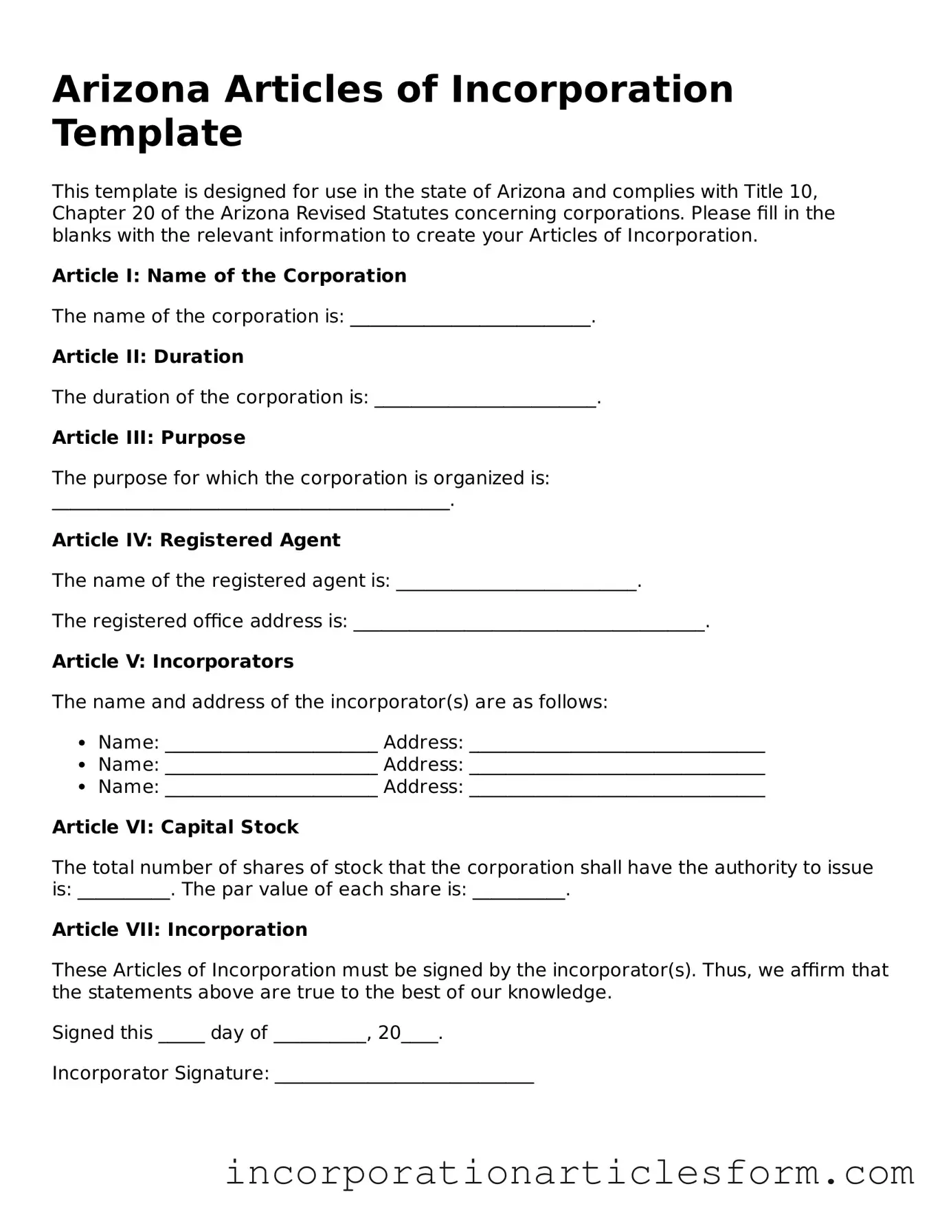 Attorney-Verified Articles of Incorporation Document for the State of Arizona