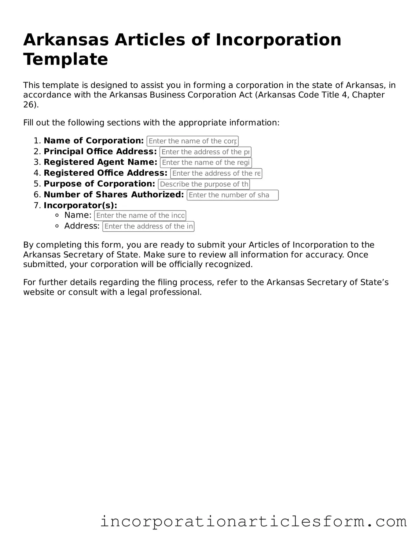 Attorney-Verified Articles of Incorporation Document for the State of Arkansas