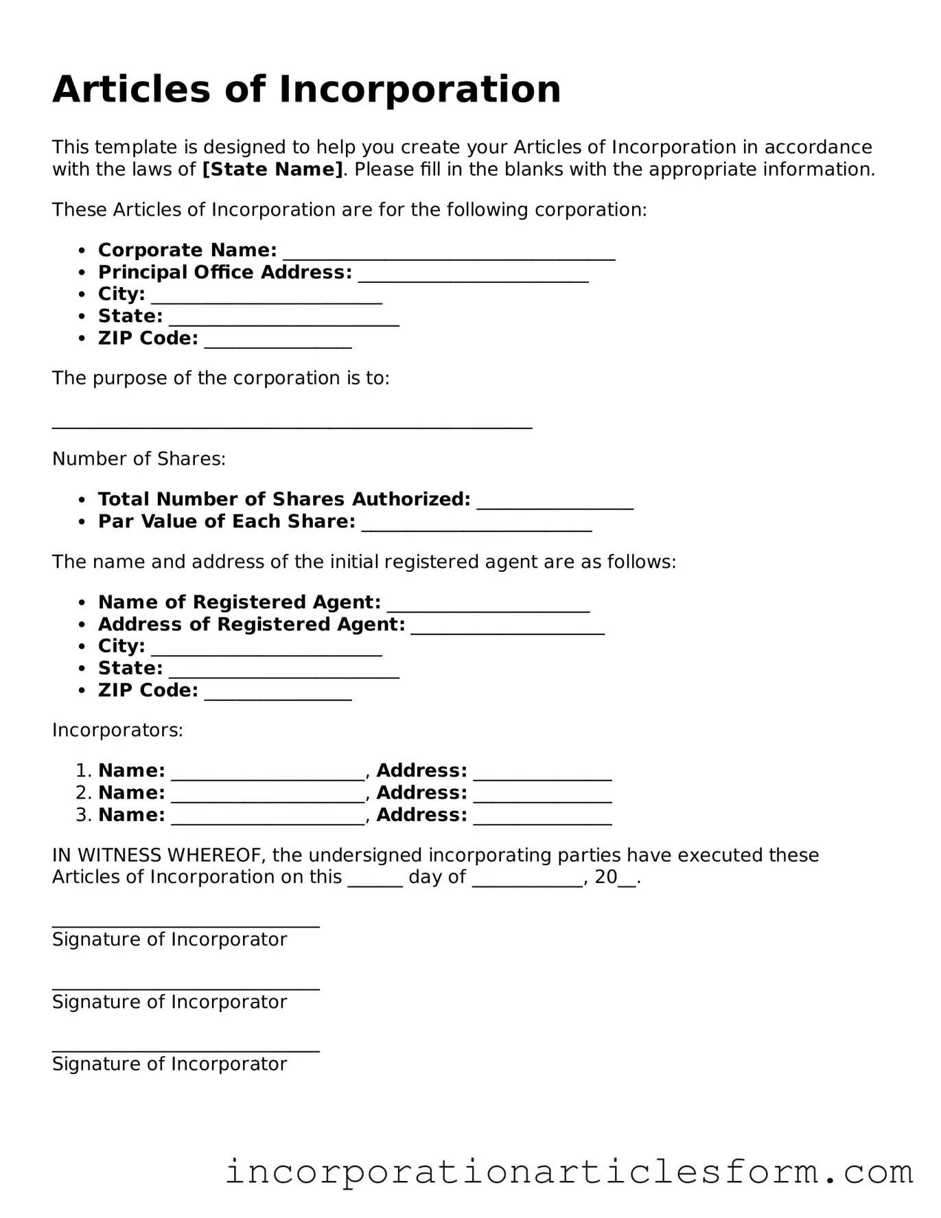 Official Articles of Incorporation Form