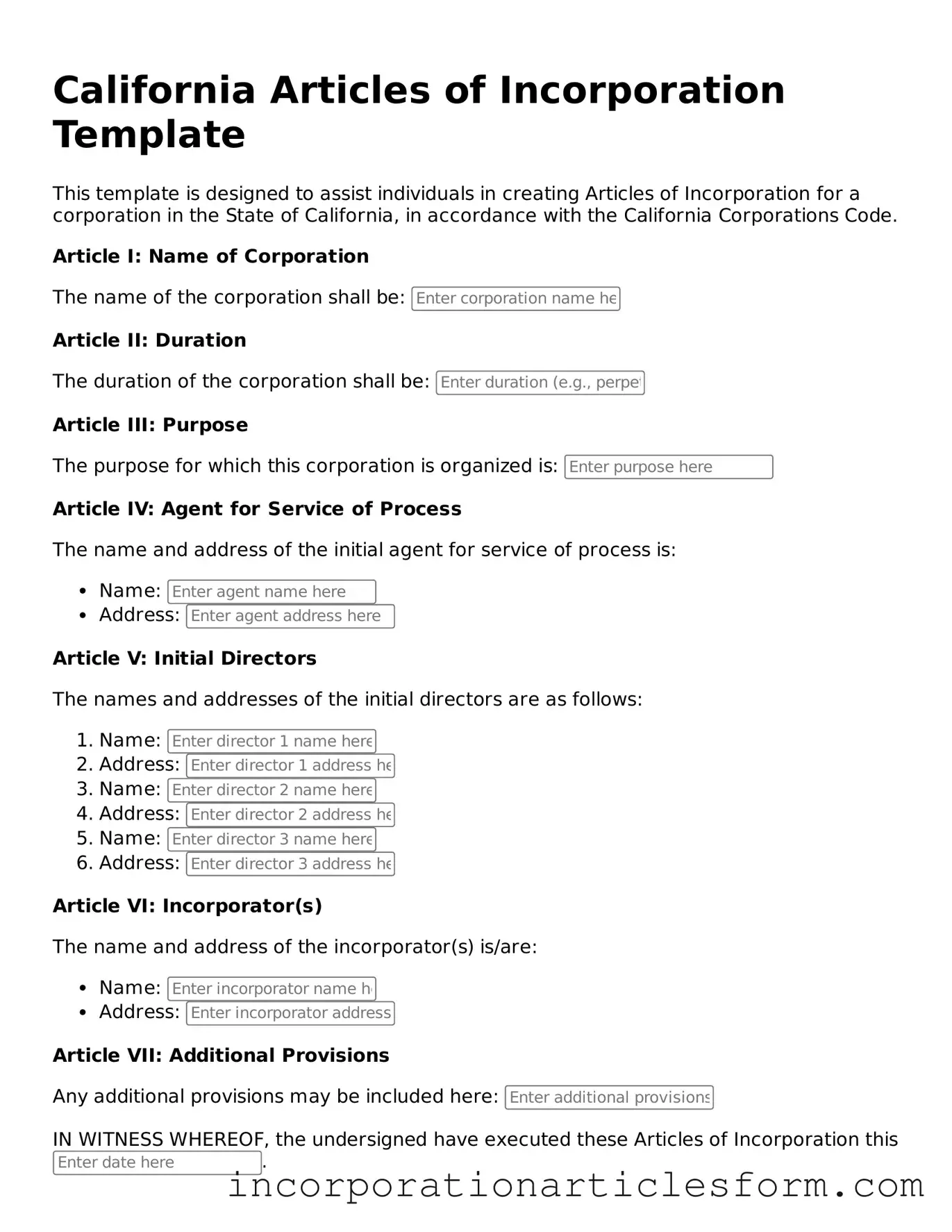 Attorney-Verified Articles of Incorporation Document for the State of California