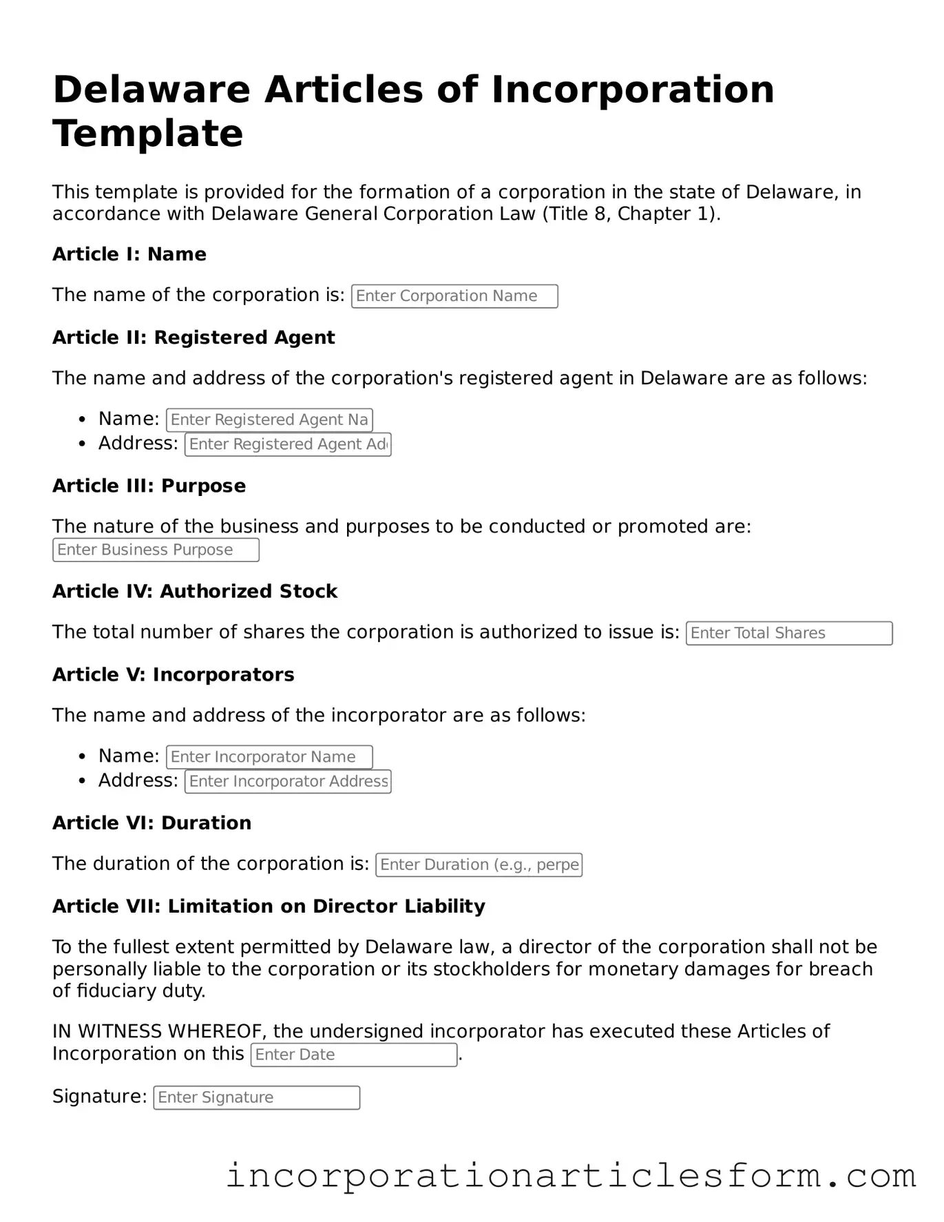 Attorney-Verified Articles of Incorporation Document for the State of Delaware