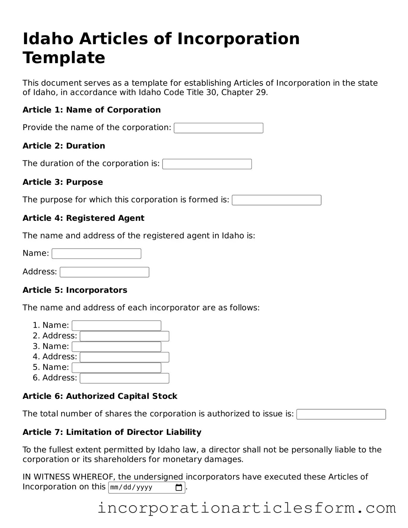 Attorney-Verified Articles of Incorporation Document for the State of Idaho