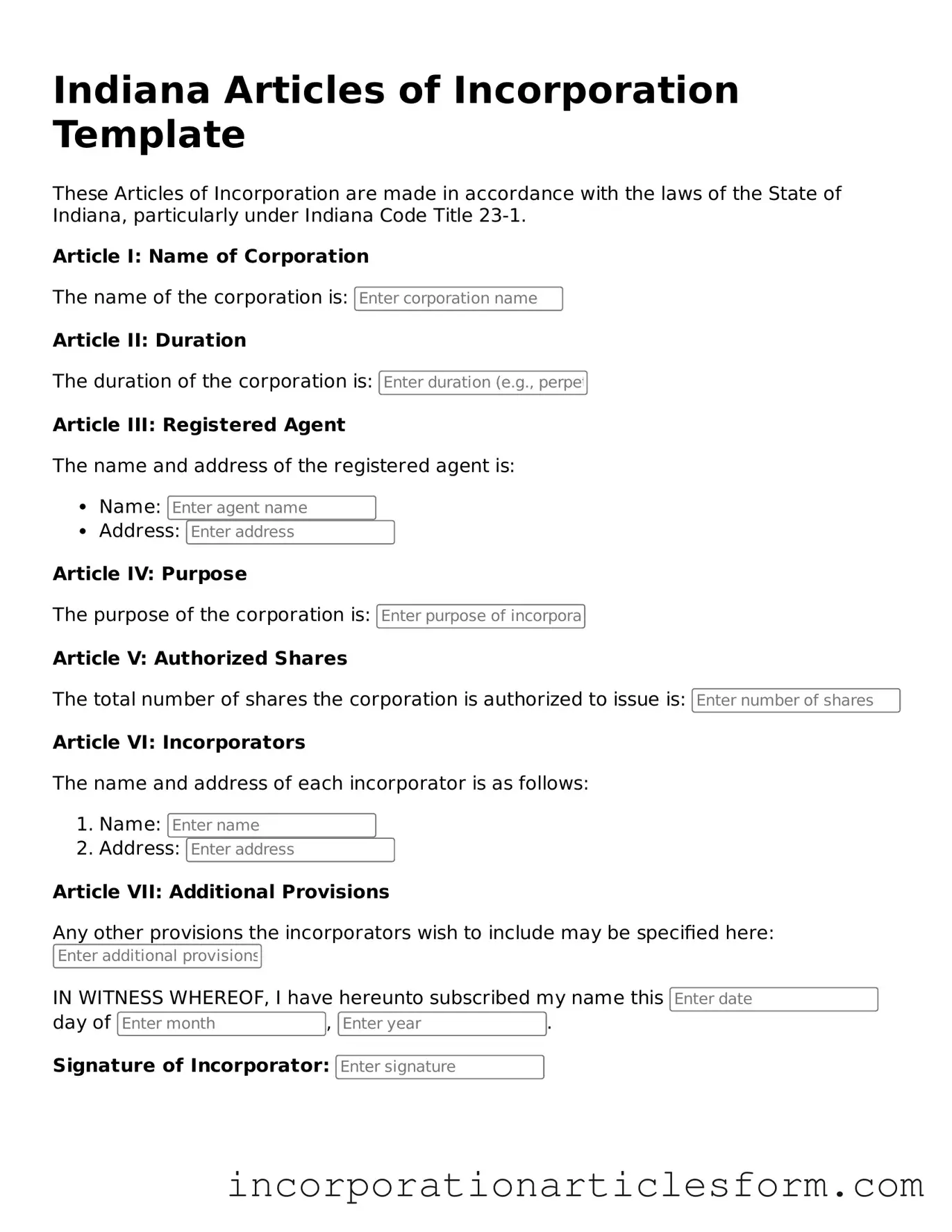 Attorney-Verified Articles of Incorporation Document for the State of Indiana