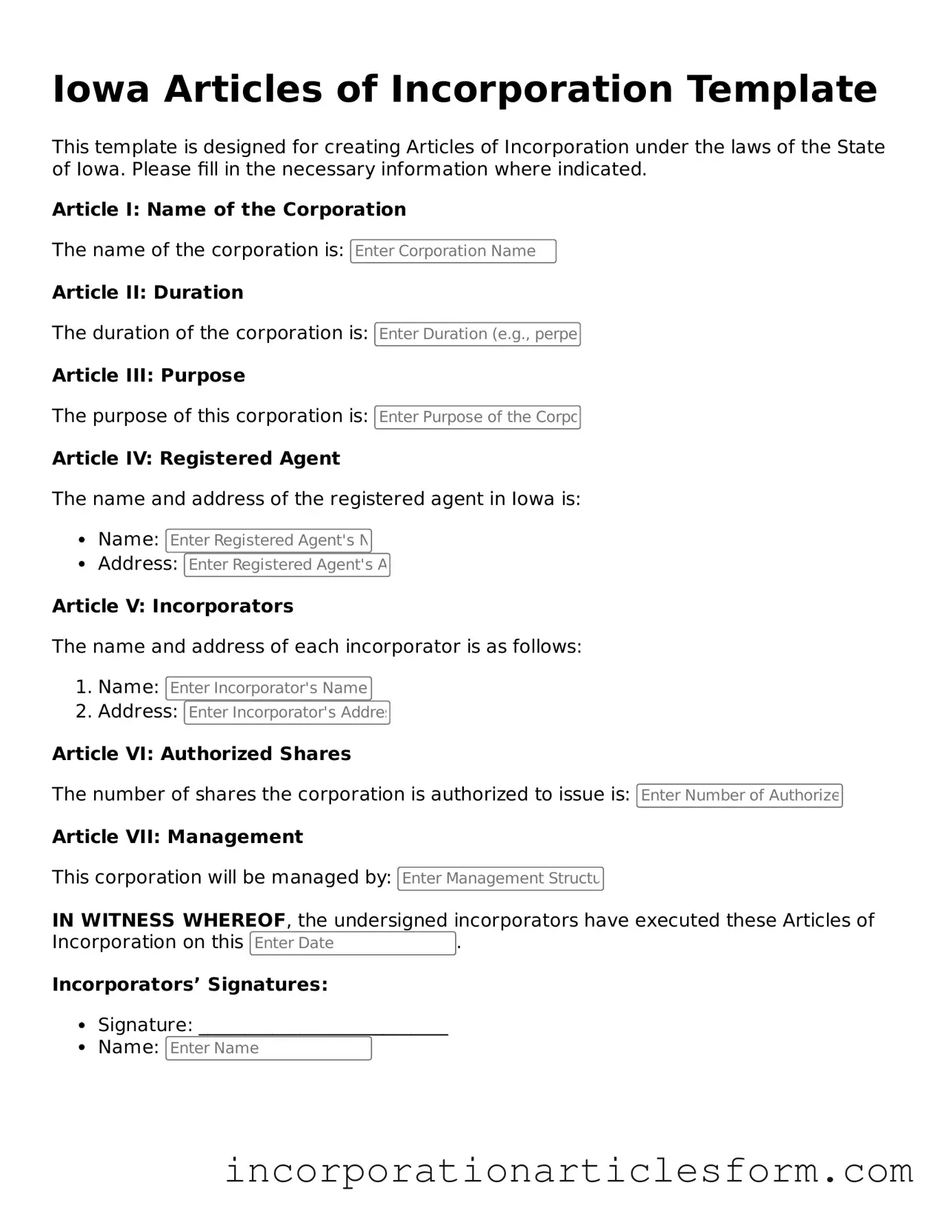 Attorney-Verified Articles of Incorporation Document for the State of Iowa