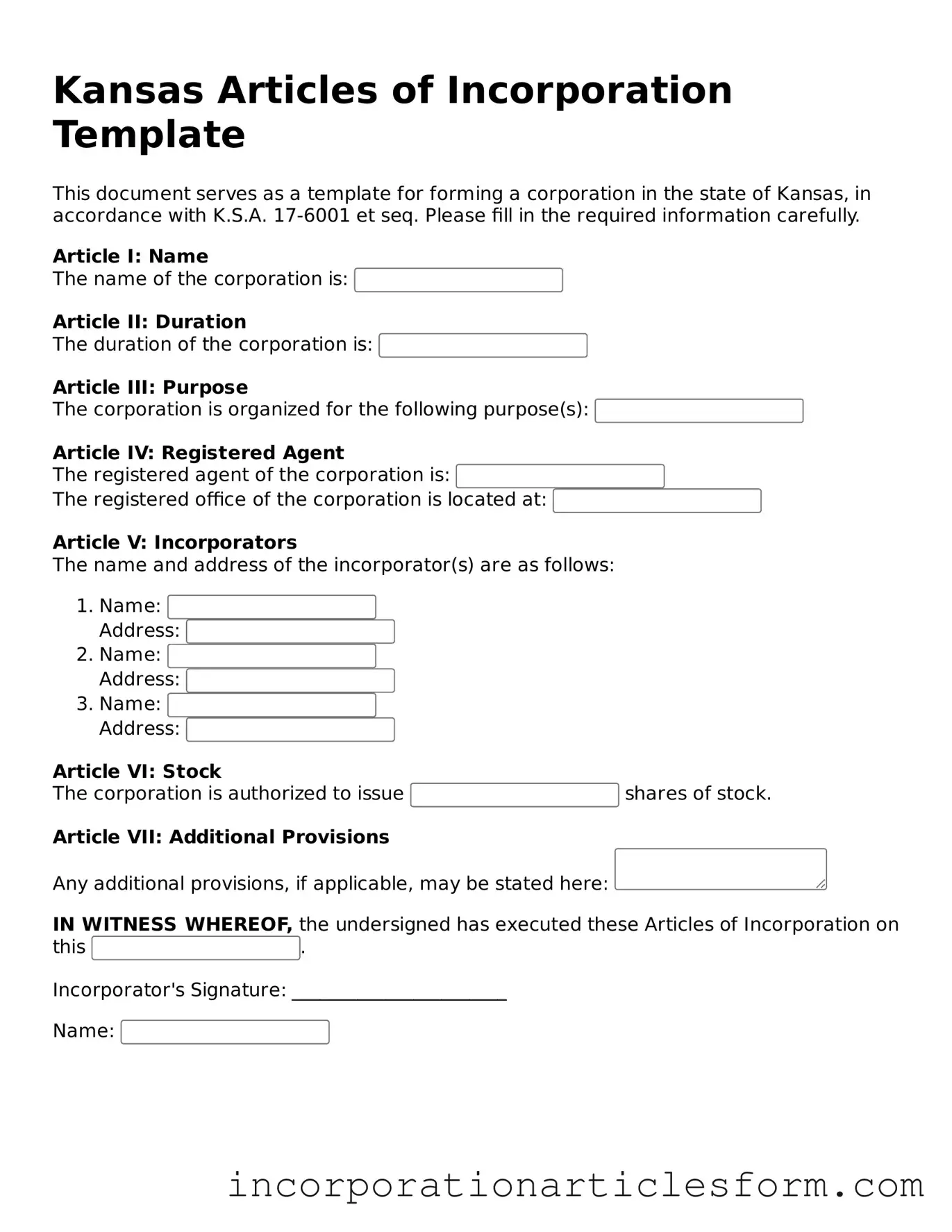 Attorney-Verified Articles of Incorporation Document for the State of Kansas