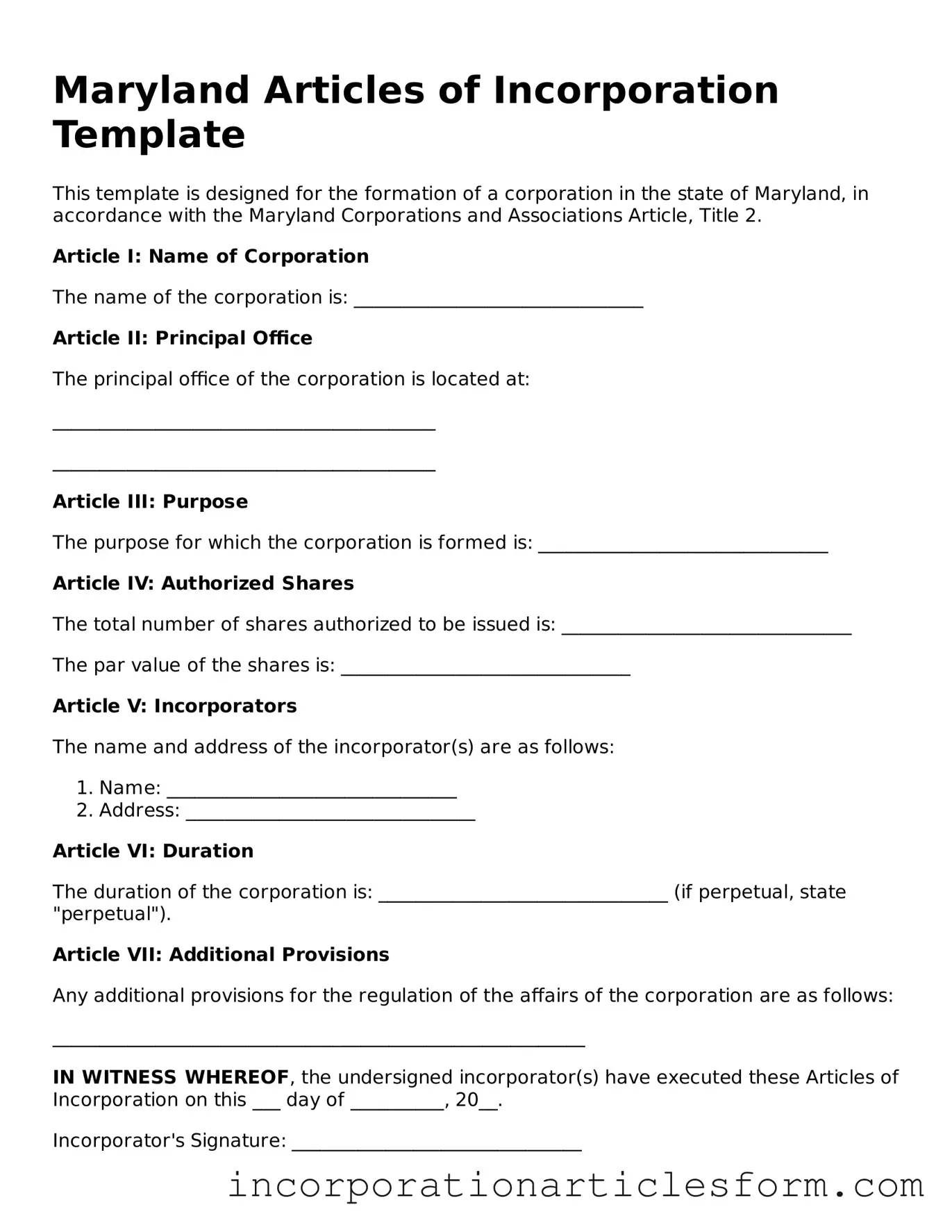 Attorney-Verified Articles of Incorporation Document for the State of Maryland