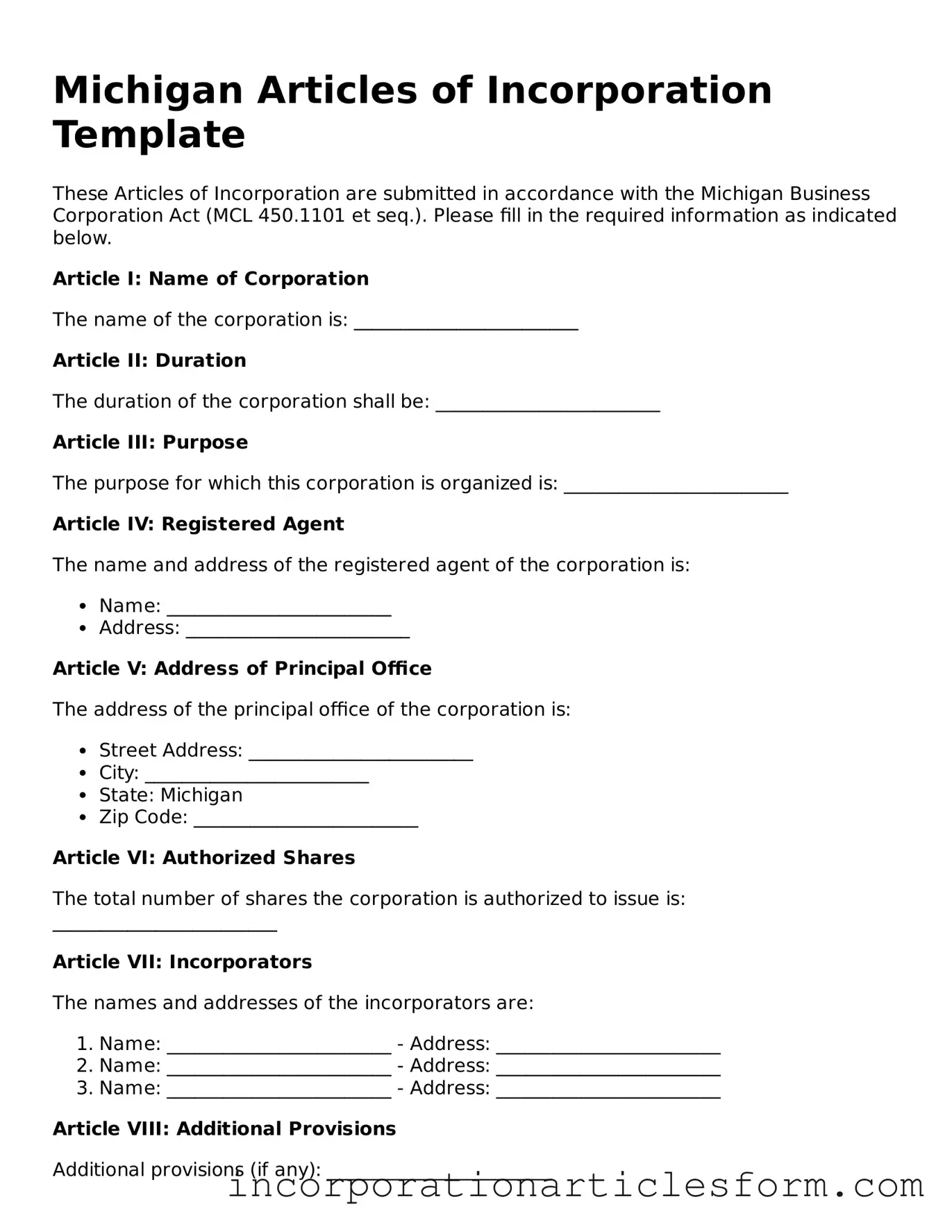 Attorney-Verified Articles of Incorporation Document for the State of Michigan