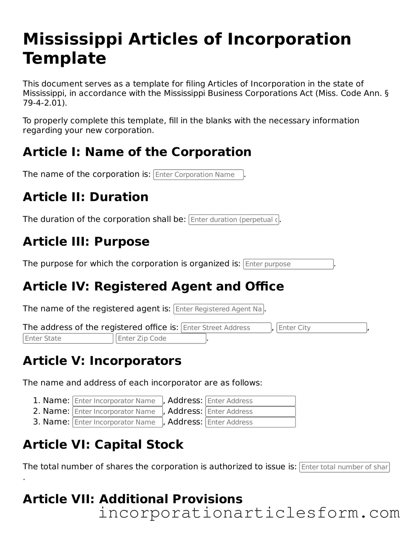 Attorney-Verified Articles of Incorporation Document for the State of Mississippi