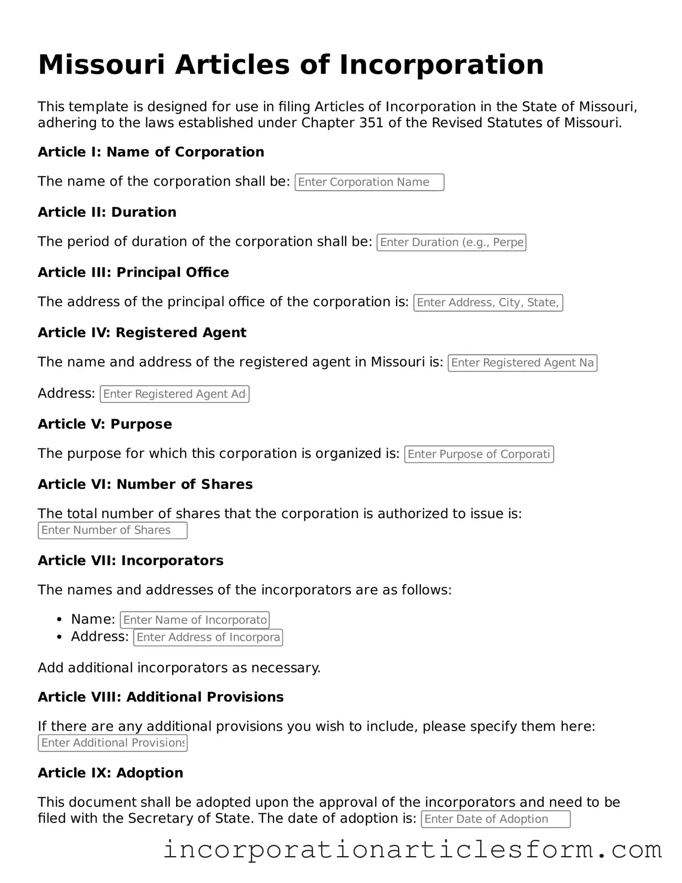 Attorney-Verified Articles of Incorporation Document for the State of Missouri