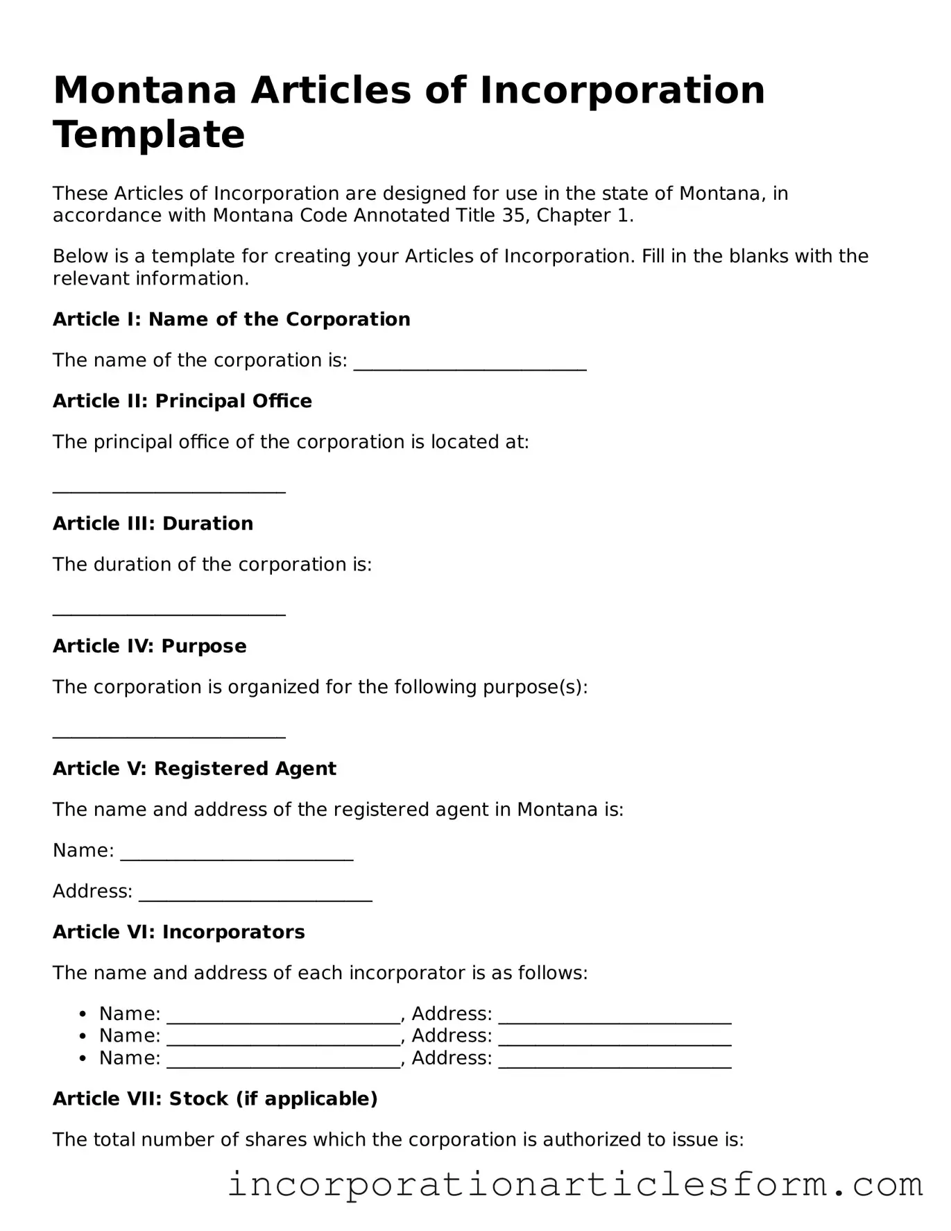 Attorney-Verified Articles of Incorporation Document for the State of Montana