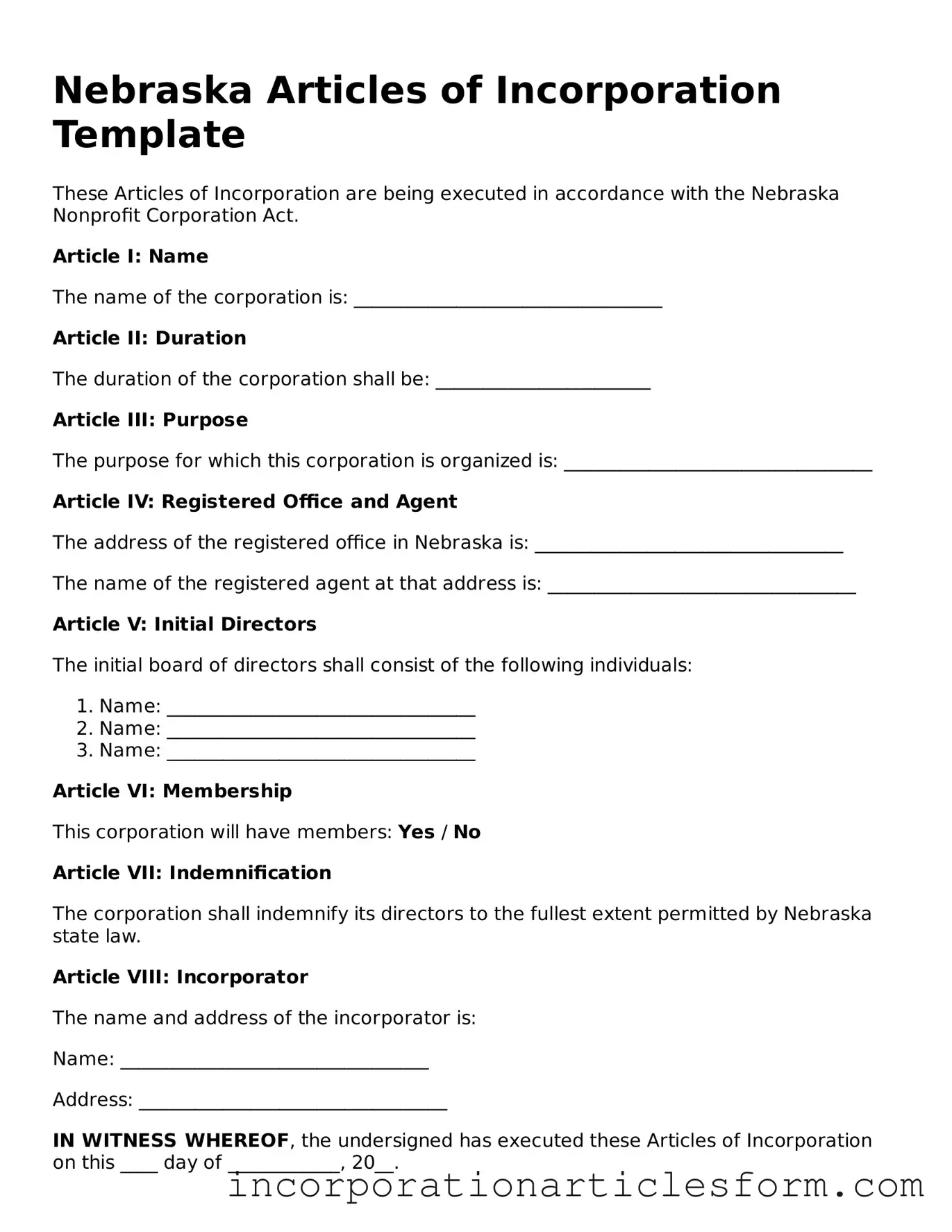 Attorney-Verified Articles of Incorporation Document for the State of Nebraska