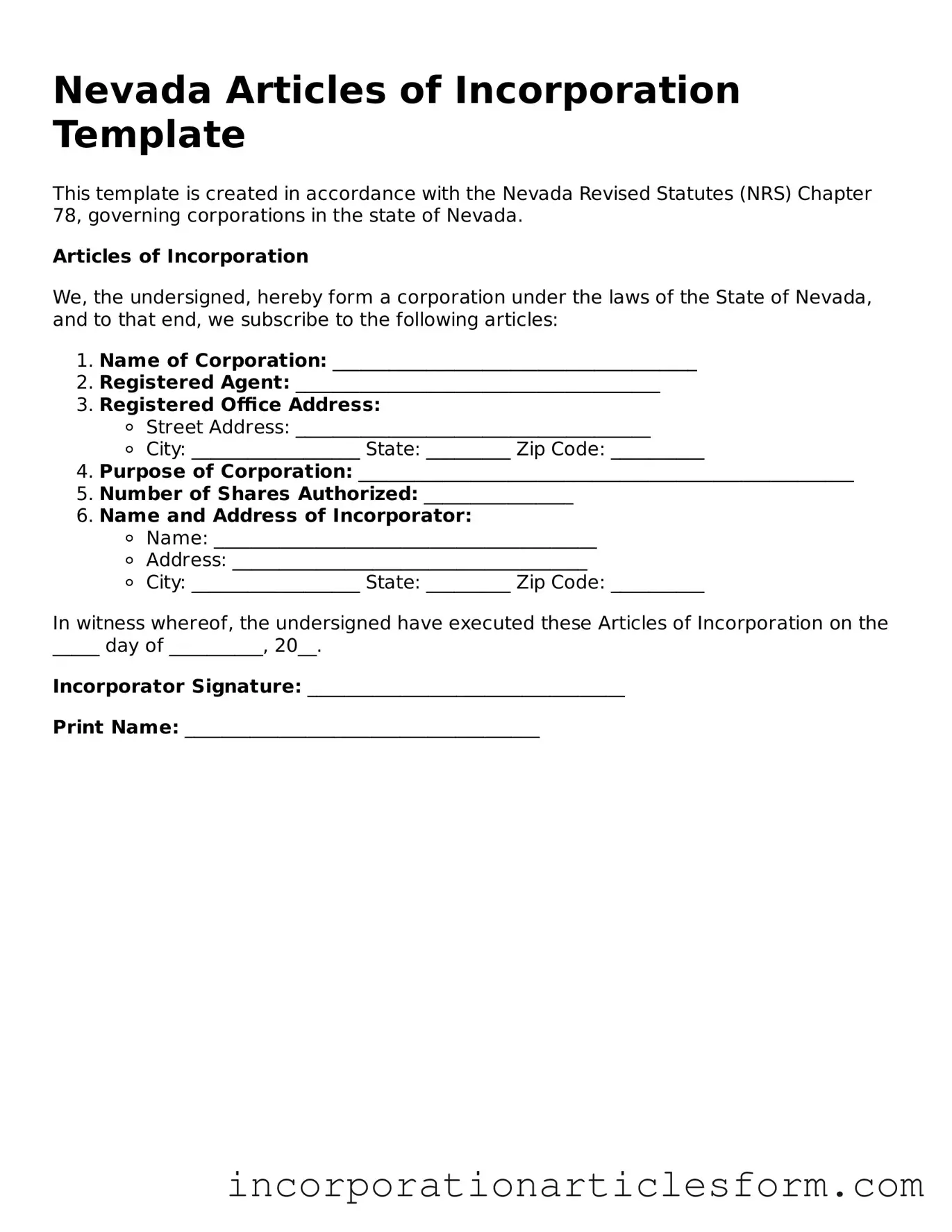 Attorney-Verified Articles of Incorporation Document for the State of Nevada