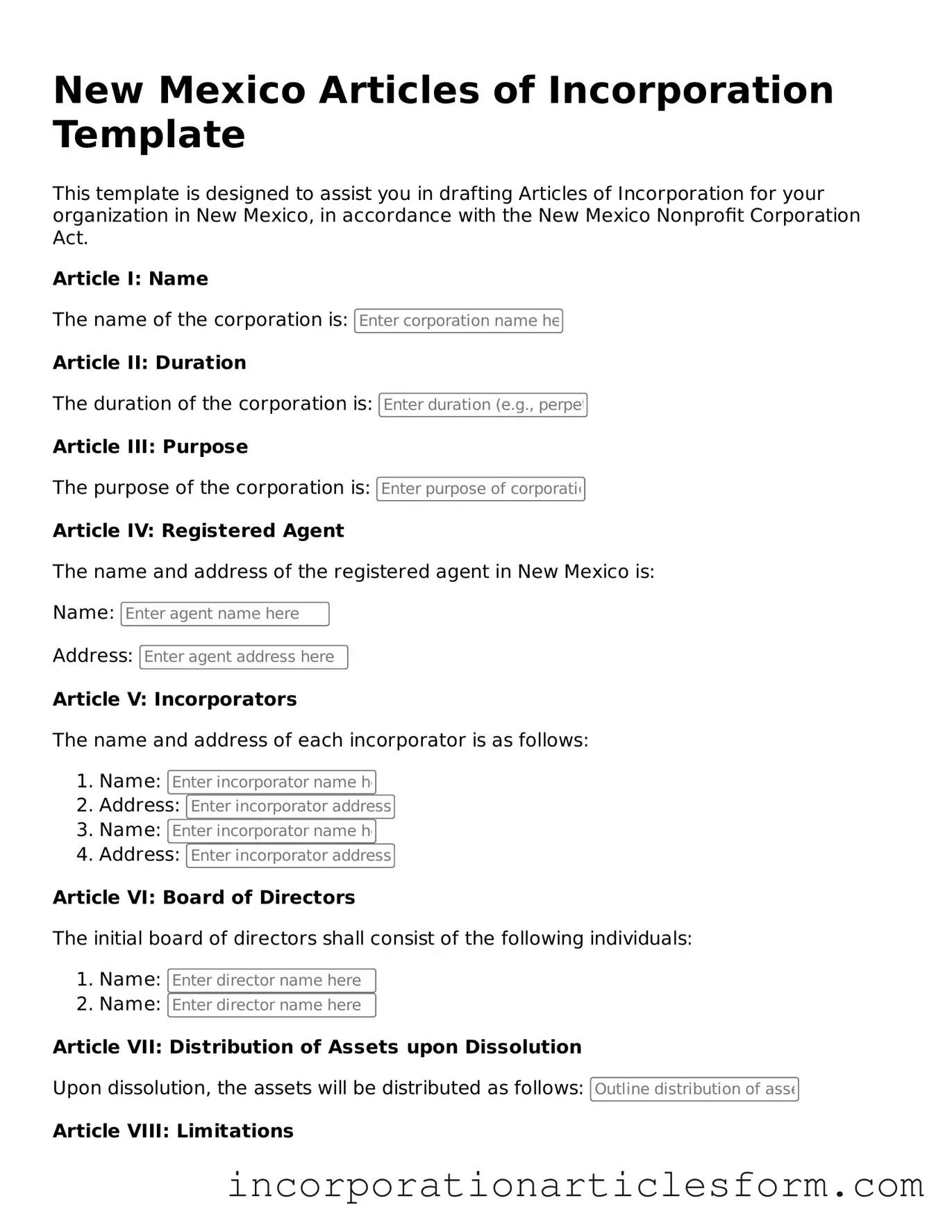 Attorney-Verified Articles of Incorporation Document for the State of New Mexico