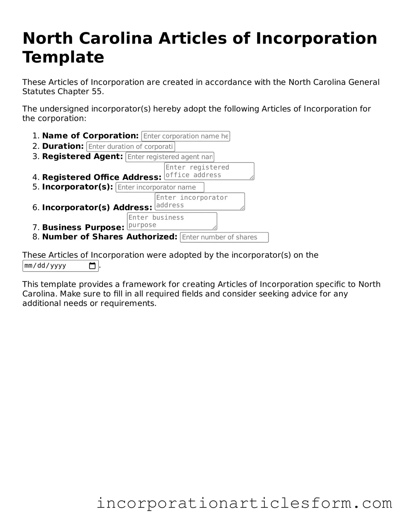 Attorney-Verified Articles of Incorporation Document for the State of North Carolina