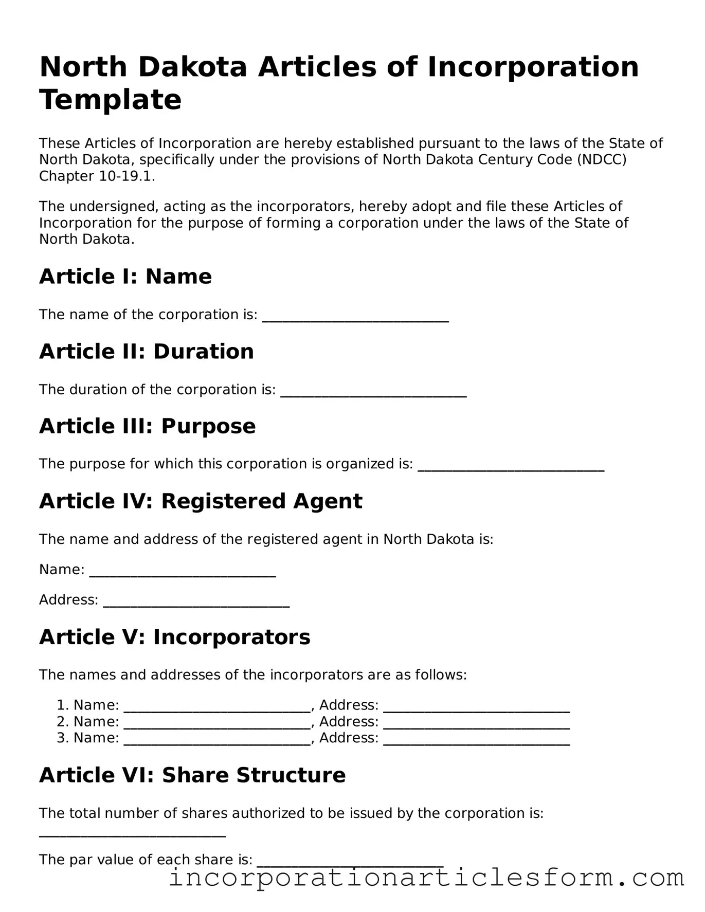 Attorney-Verified Articles of Incorporation Document for the State of North Dakota