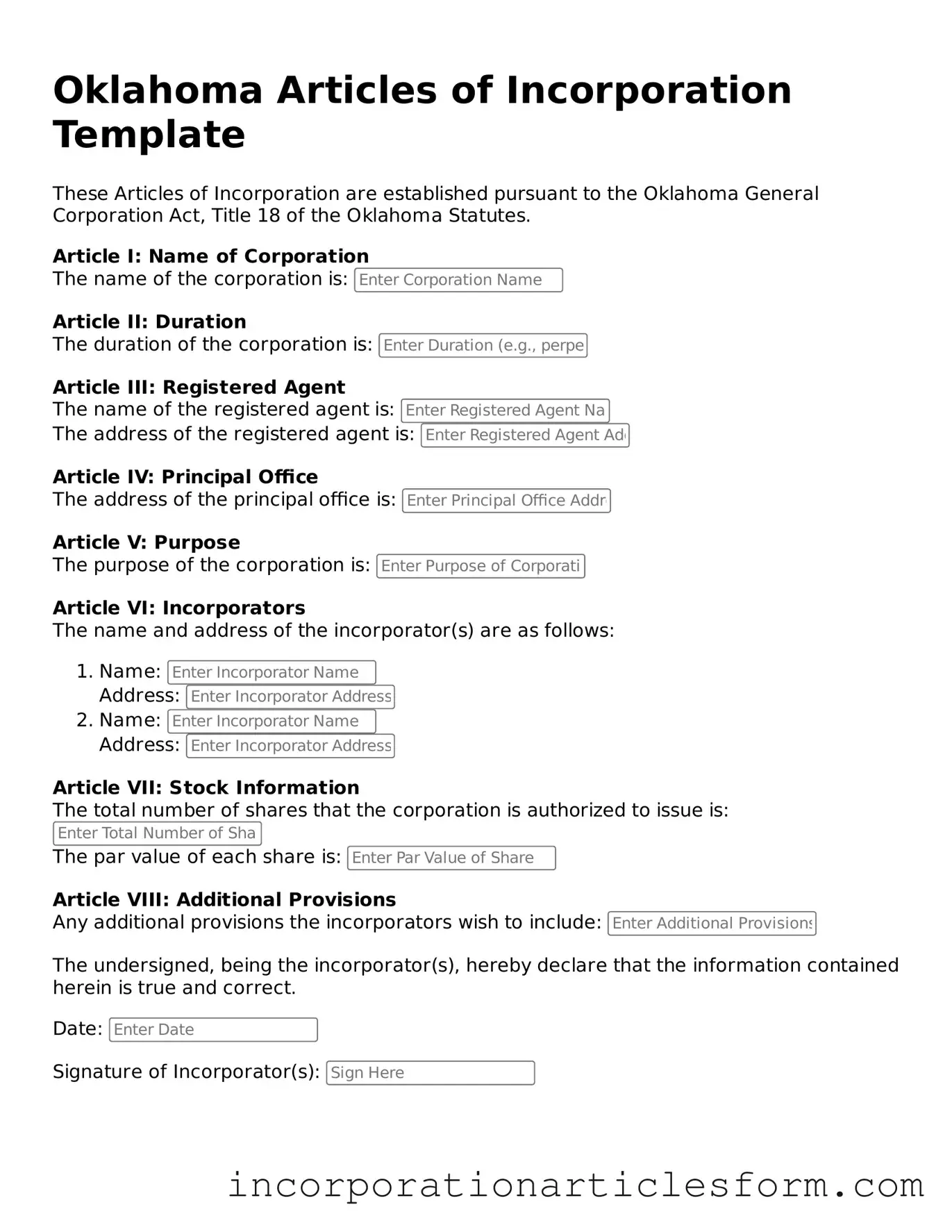 Attorney-Verified Articles of Incorporation Document for the State of Oklahoma