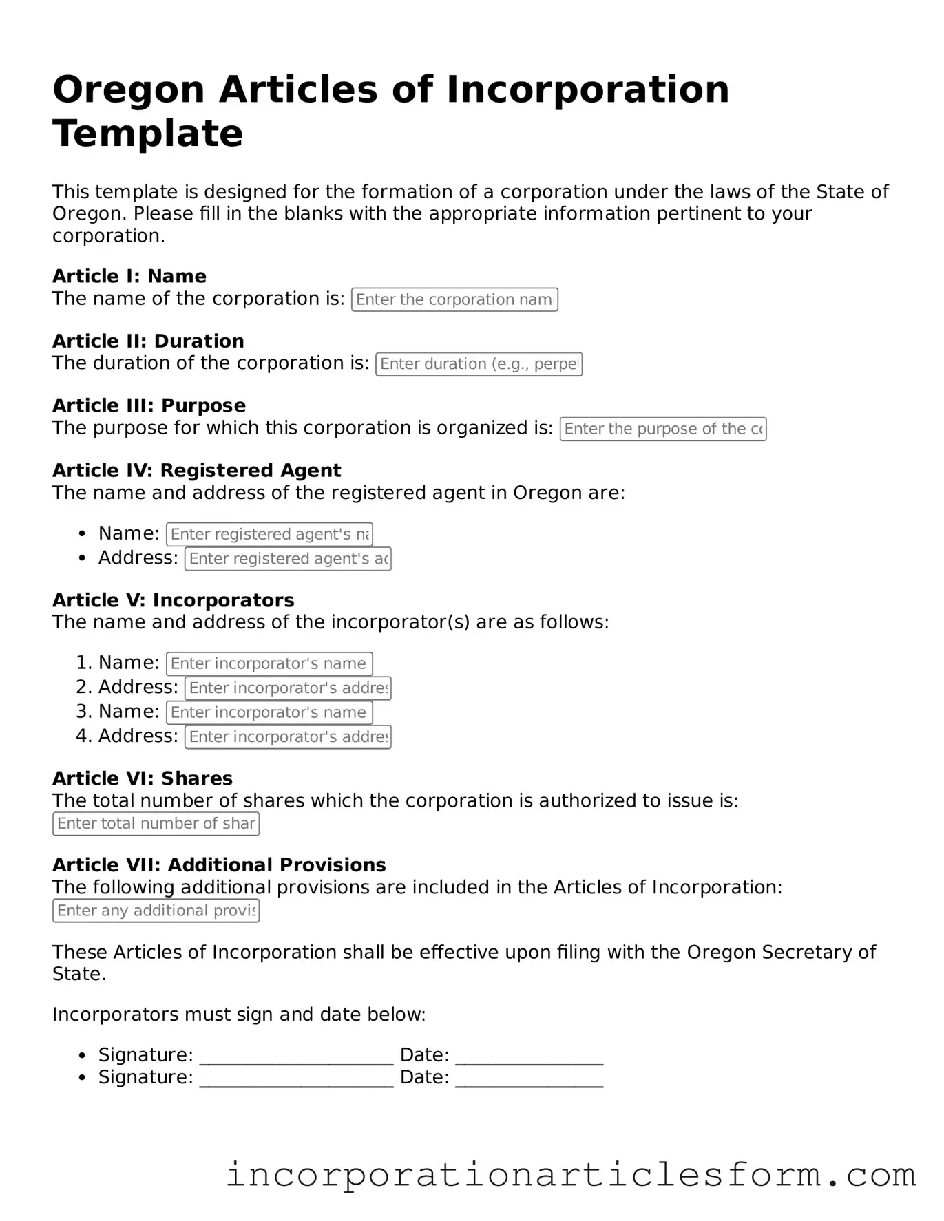 Attorney-Verified Articles of Incorporation Document for the State of Oregon