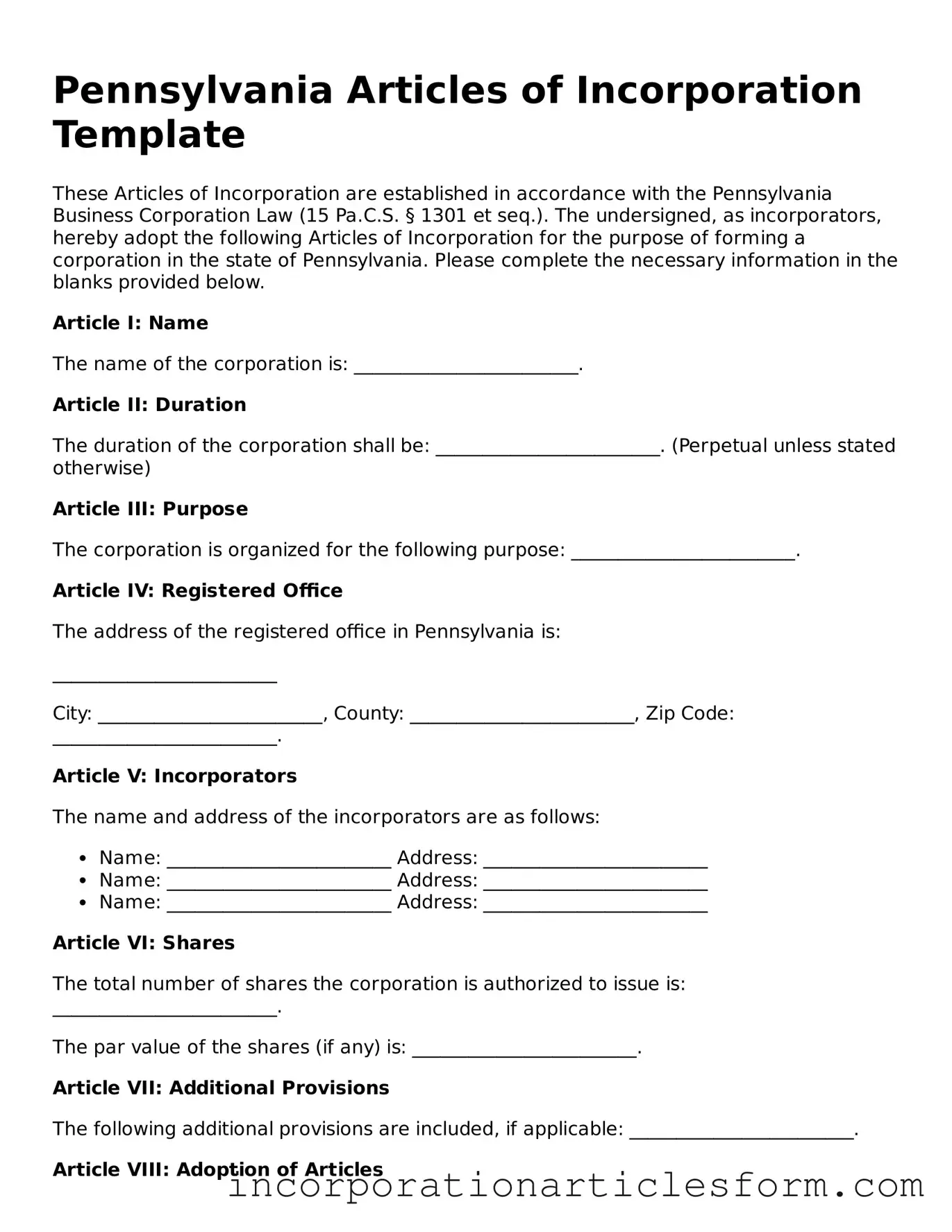 Attorney-Verified Articles of Incorporation Document for the State of Pennsylvania