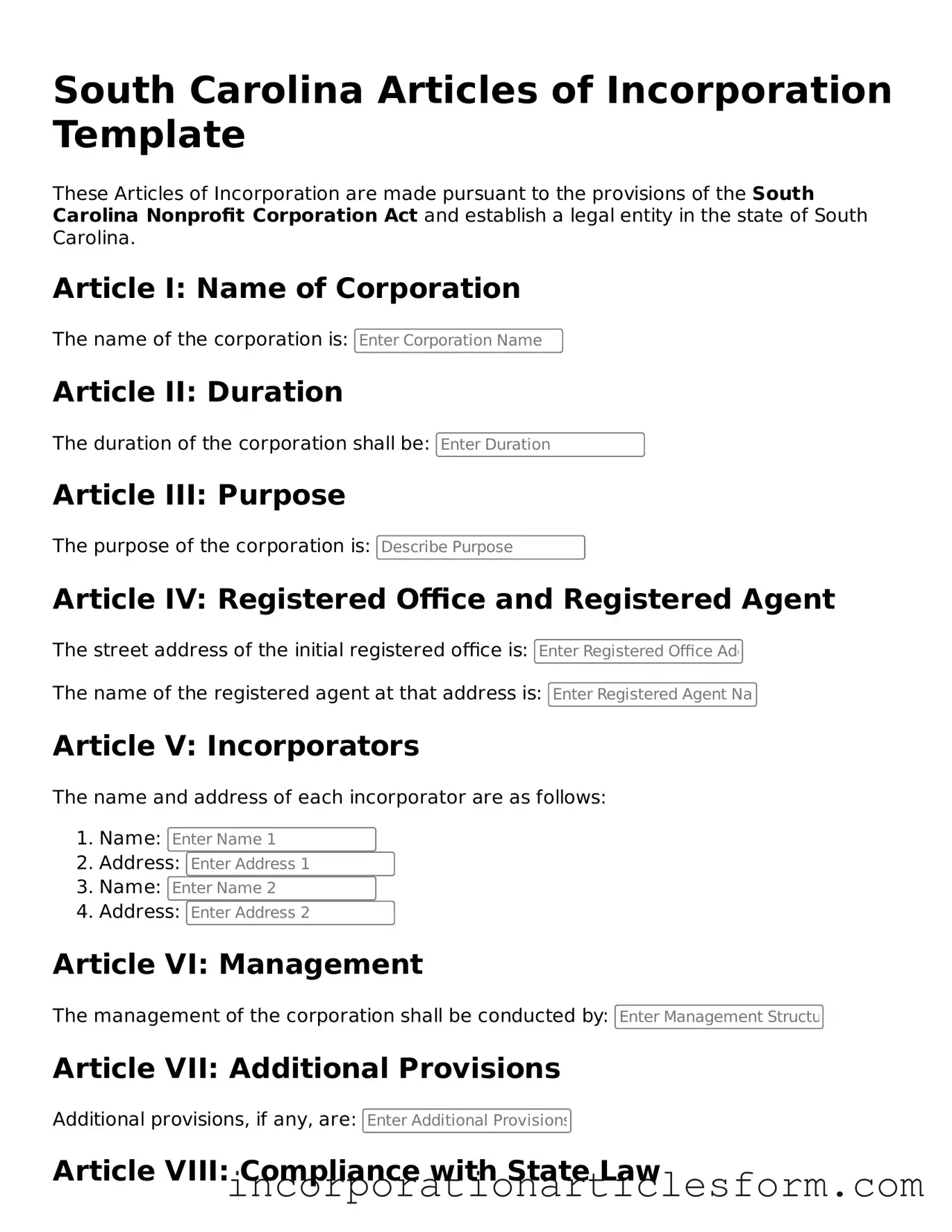 Attorney-Verified Articles of Incorporation Document for the State of South Carolina