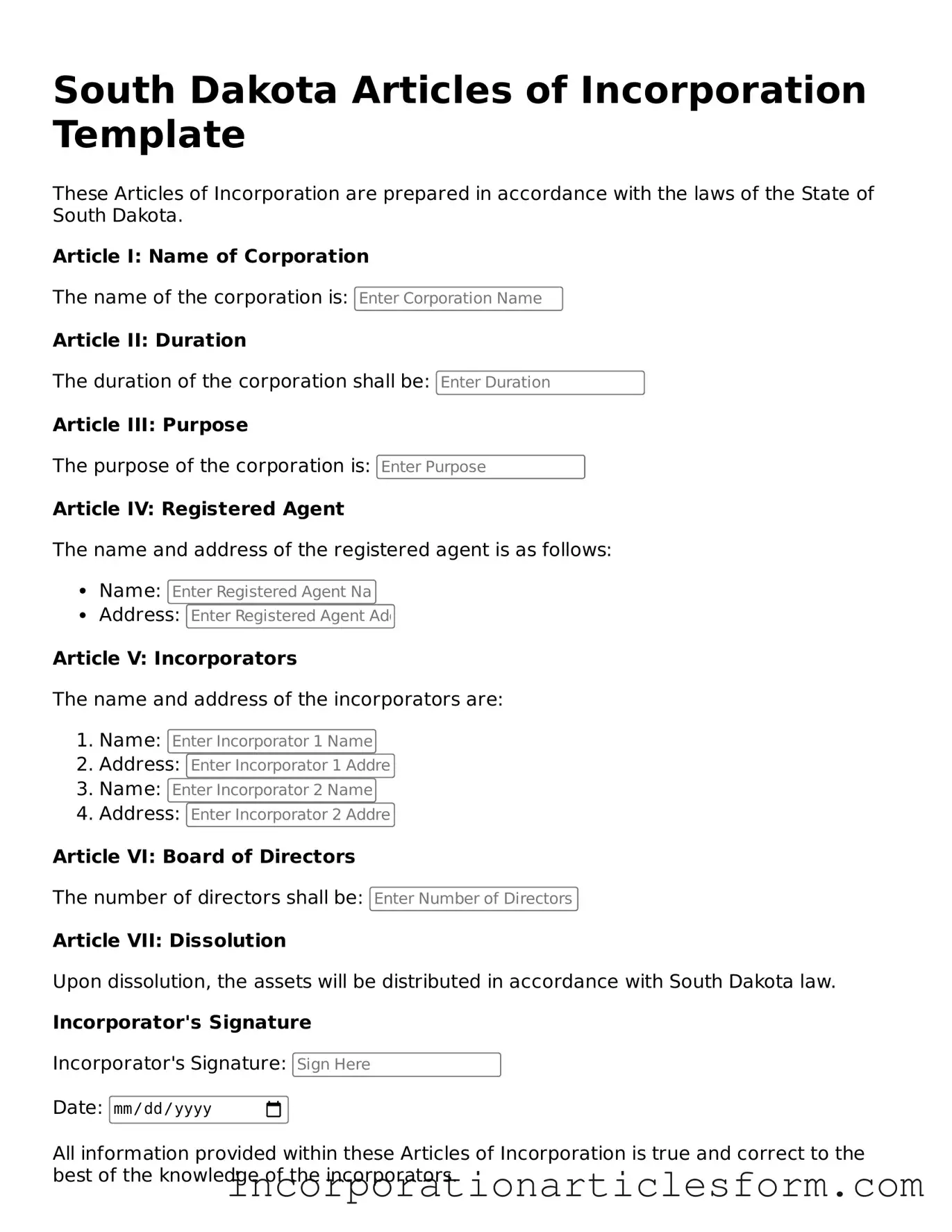 Attorney-Verified Articles of Incorporation Document for the State of South Dakota