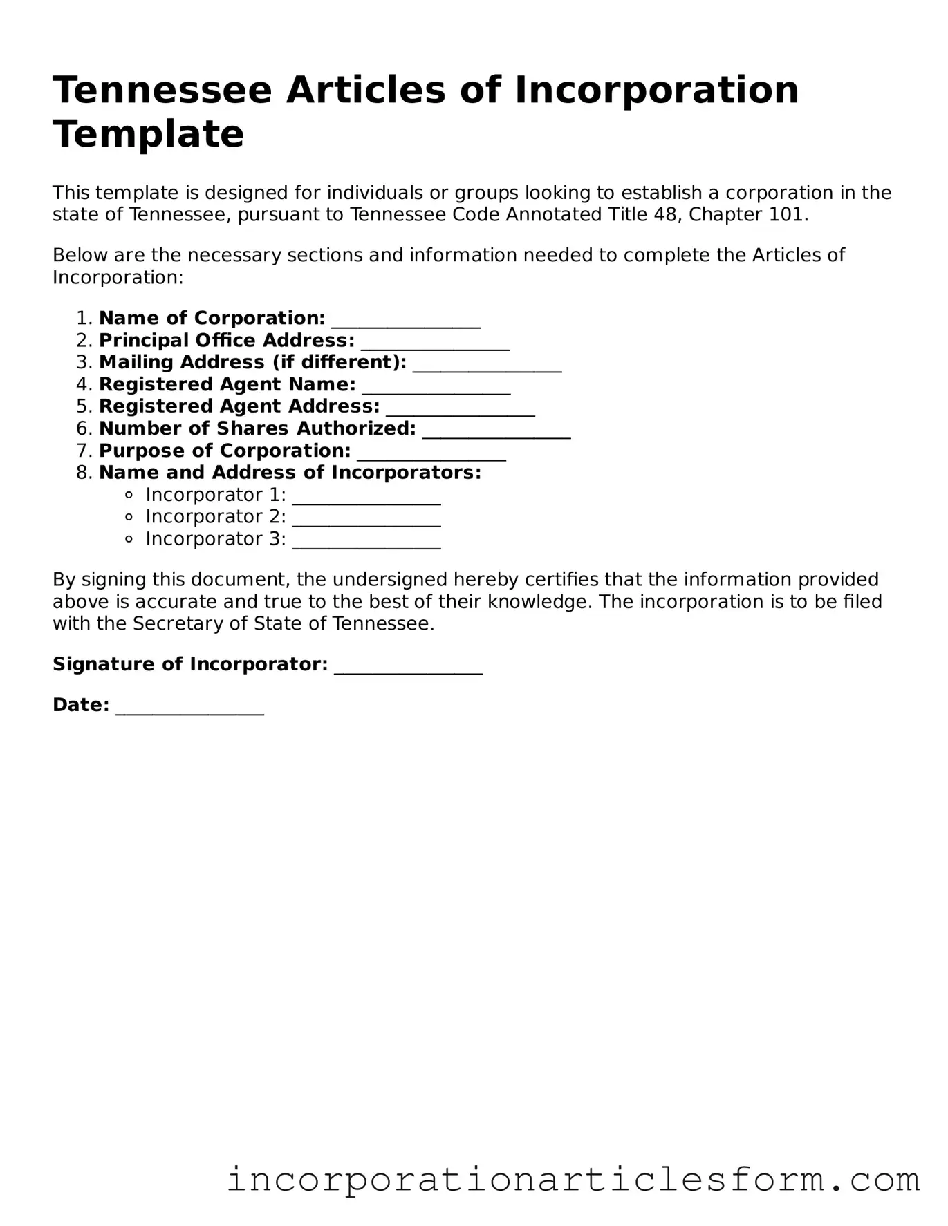 Attorney-Verified Articles of Incorporation Document for the State of Tennessee