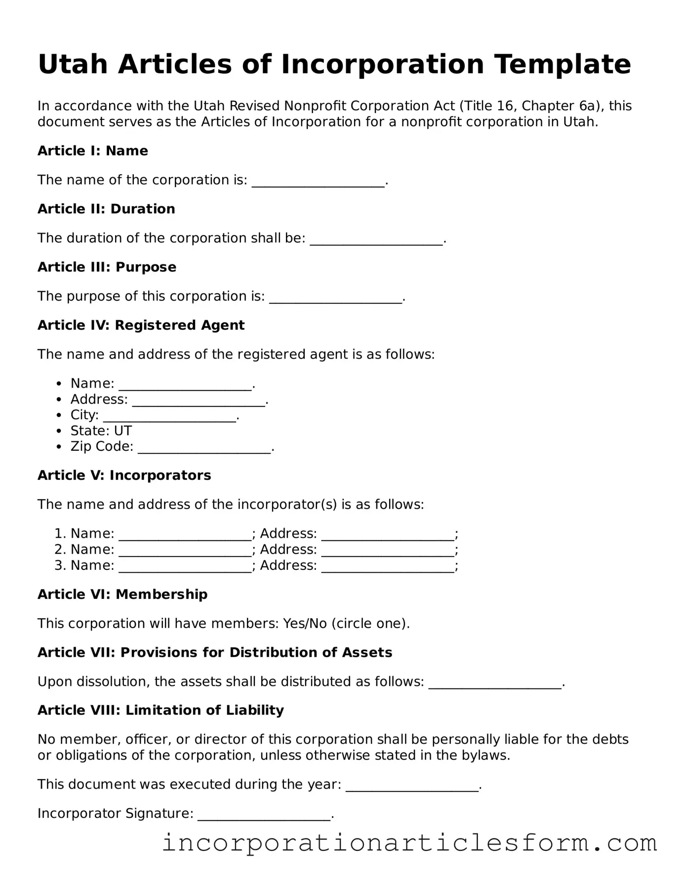 Attorney-Verified Articles of Incorporation Document for the State of Utah