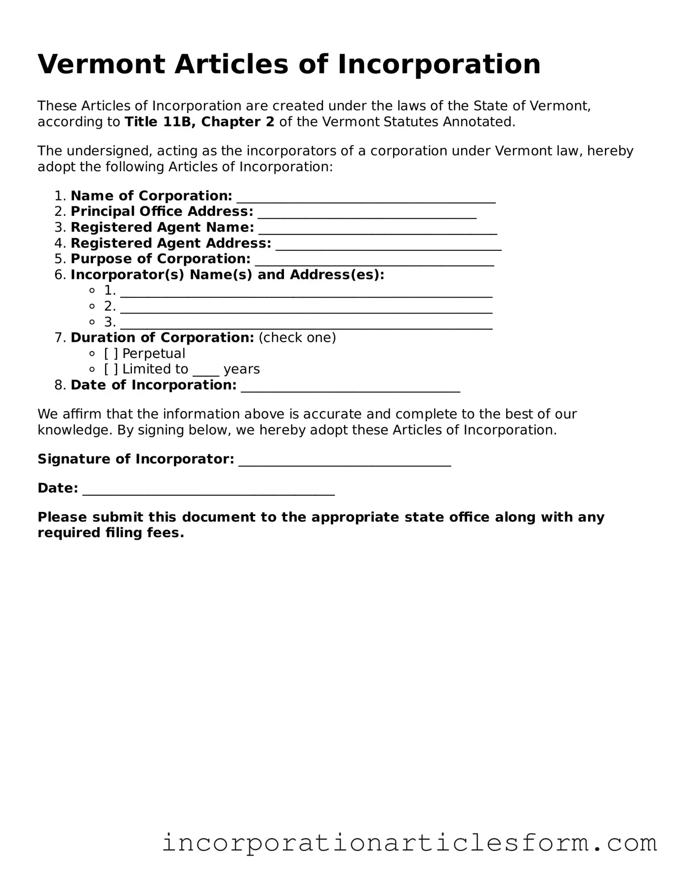 Attorney-Verified Articles of Incorporation Document for the State of Vermont