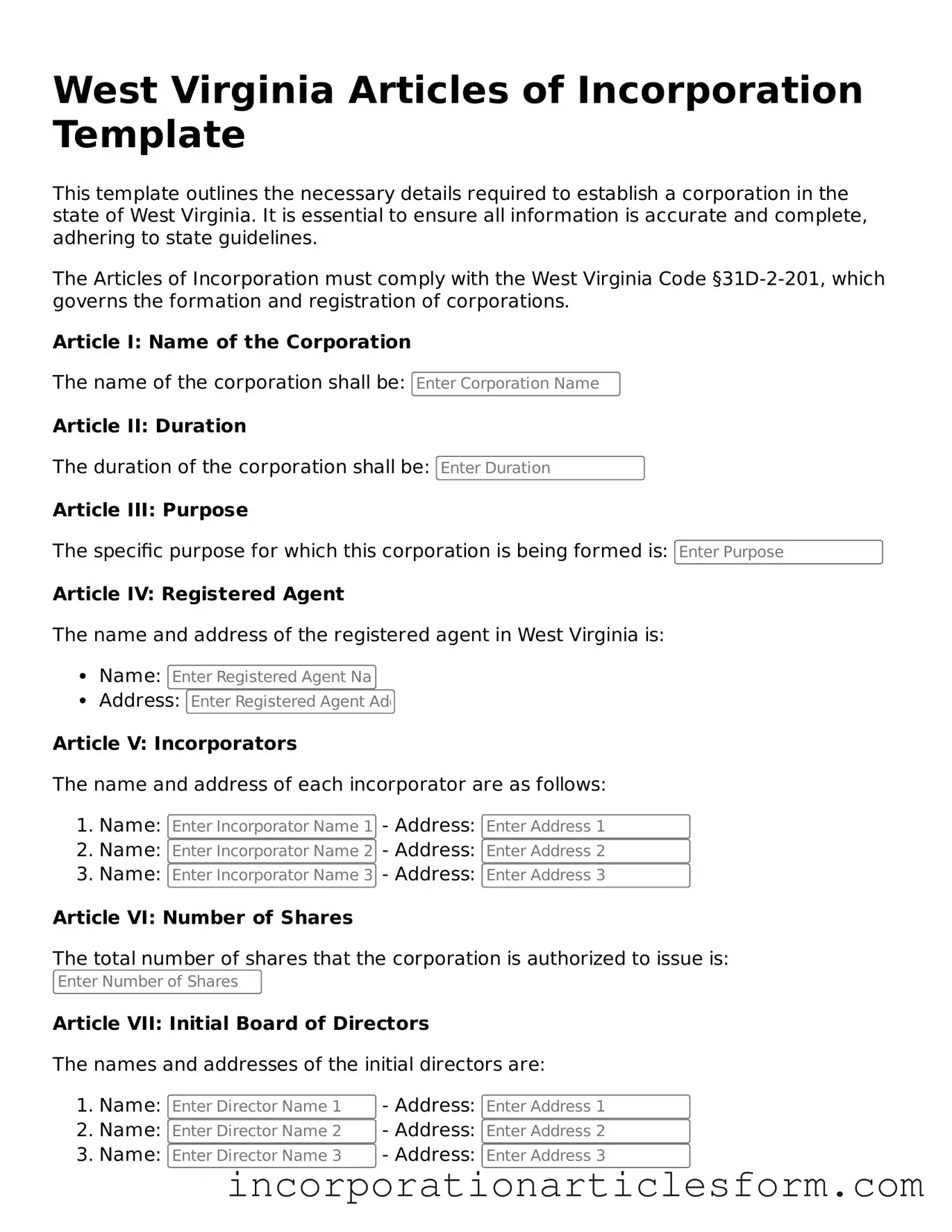 Attorney-Verified Articles of Incorporation Document for the State of West Virginia